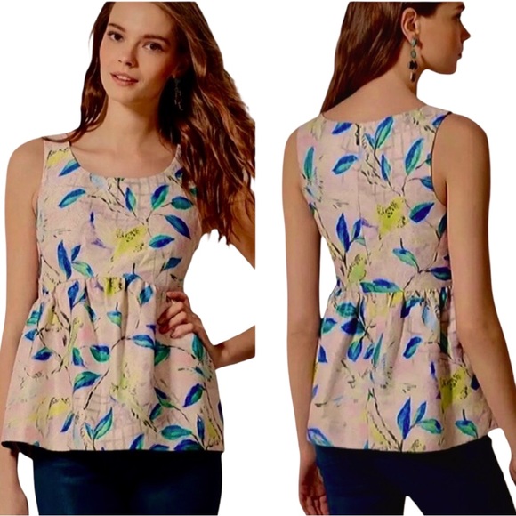 ANTHROPOLOGIE Leifsdottir Peplum Brocade Top Bird Pattern Metallic Sleeveless - Picture 1 of 16